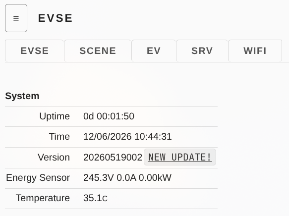 The legacy device web page showing the firmware version with a NEW UPDATE! button