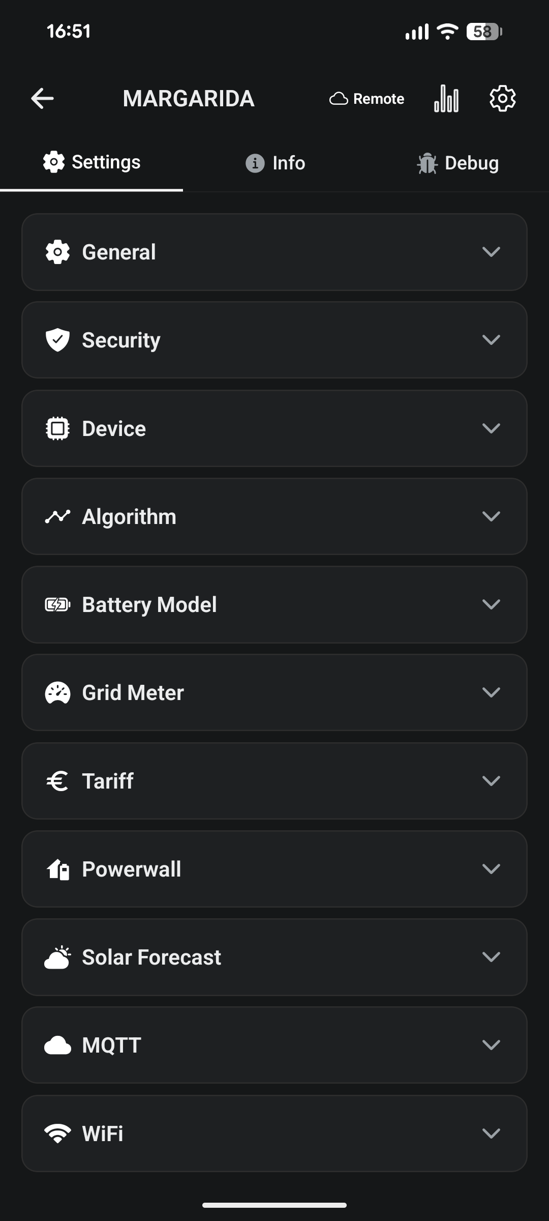 The settings screen with collapsible sections