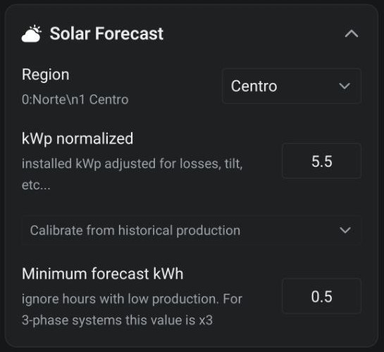 Solar Forecast settings section