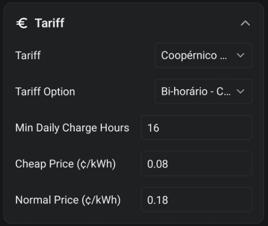Tariff settings section