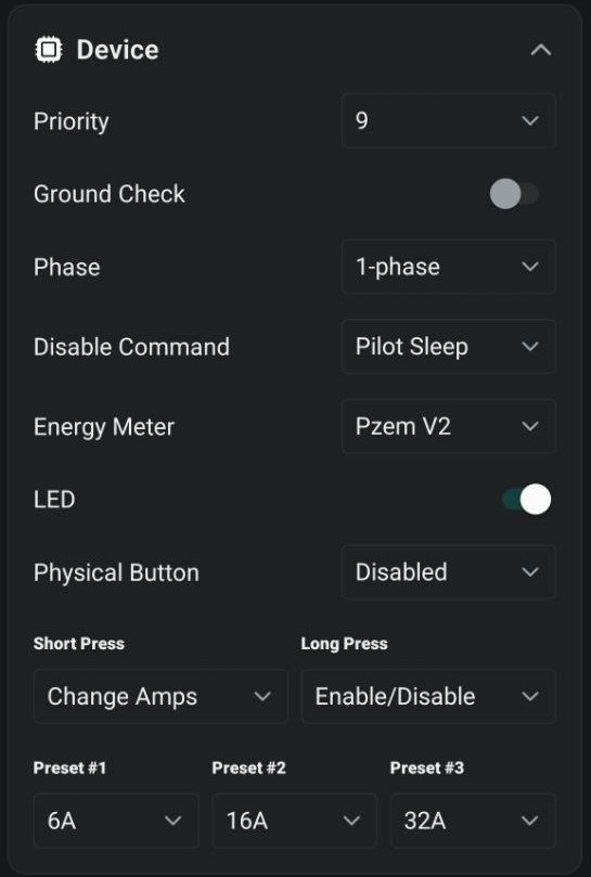 Device settings section