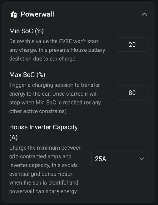 Powerwall settings section