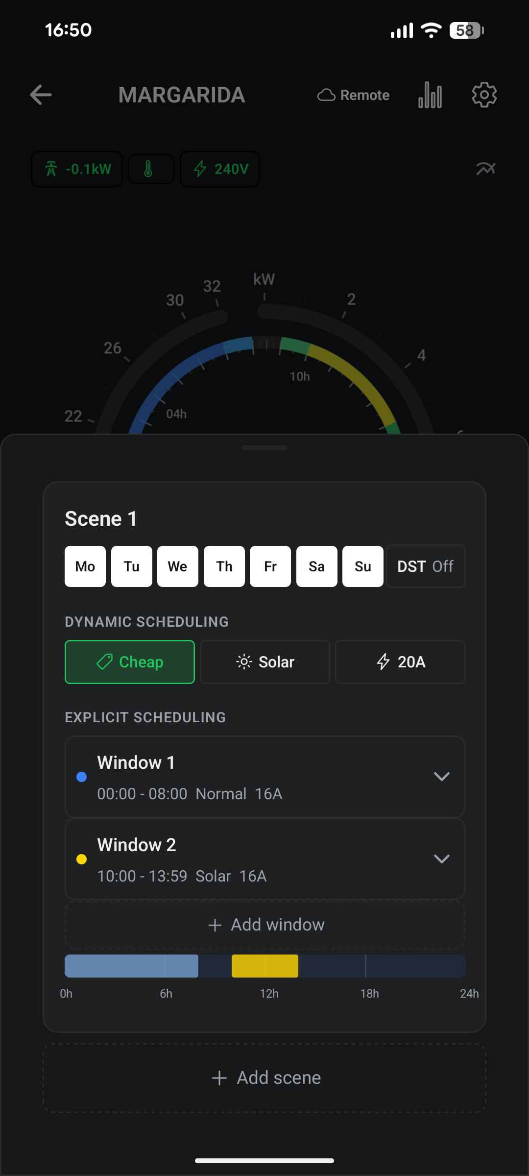App charging scheduler with scenes and windows