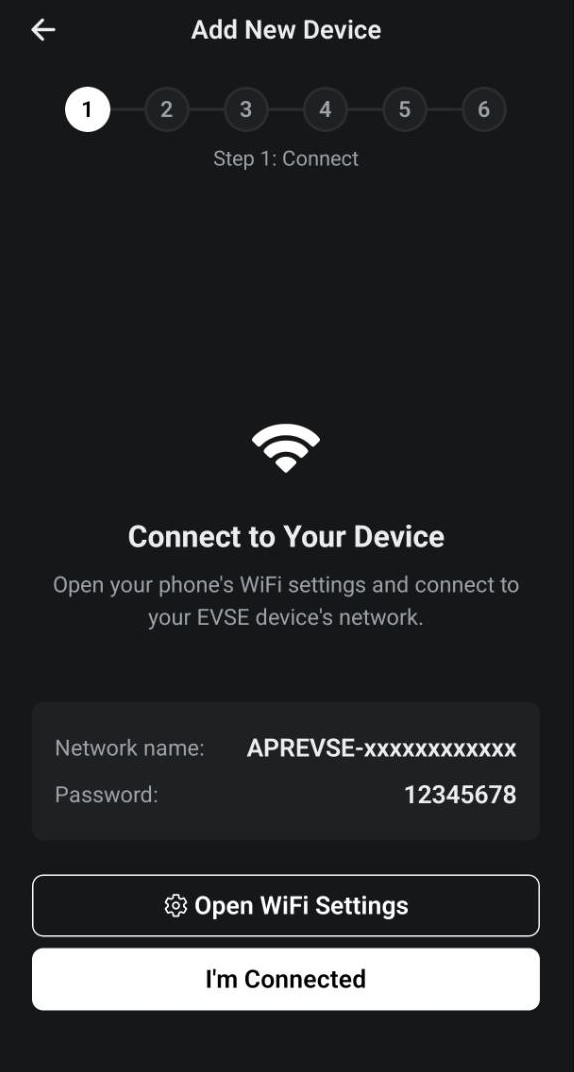 Step 1: the Connect screen with the charger network and password