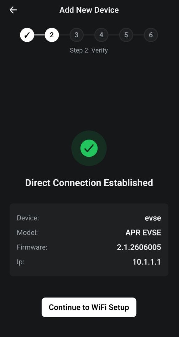 Step 2: direct connection established, showing model and firmware