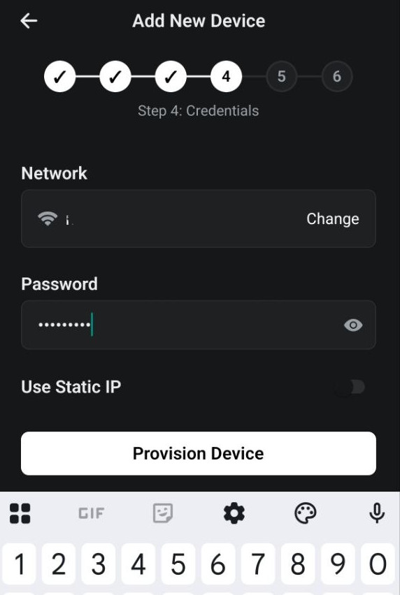 Step 4: entering the Wi-Fi password before provisioning