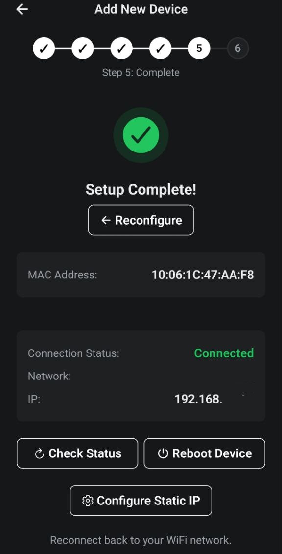Step 5: setup complete, showing the MAC address and connection status