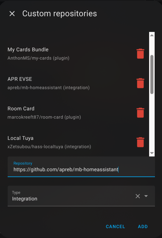 Adding the APR EVSE custom repository in HACS
