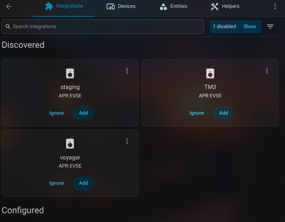 APR EVSE discovered automatically by Home Assistant